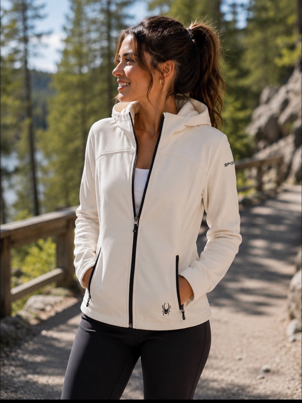 Spyder Women's White Hooded Softshell Jacket with Black Zipper Accents
